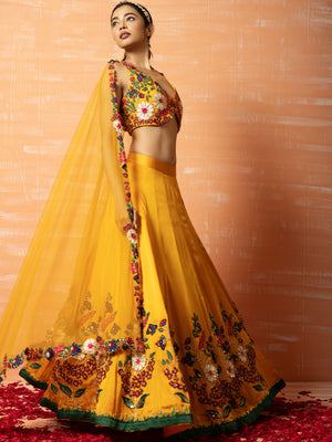 Yellow Floral 3D Lehenga Set image 3