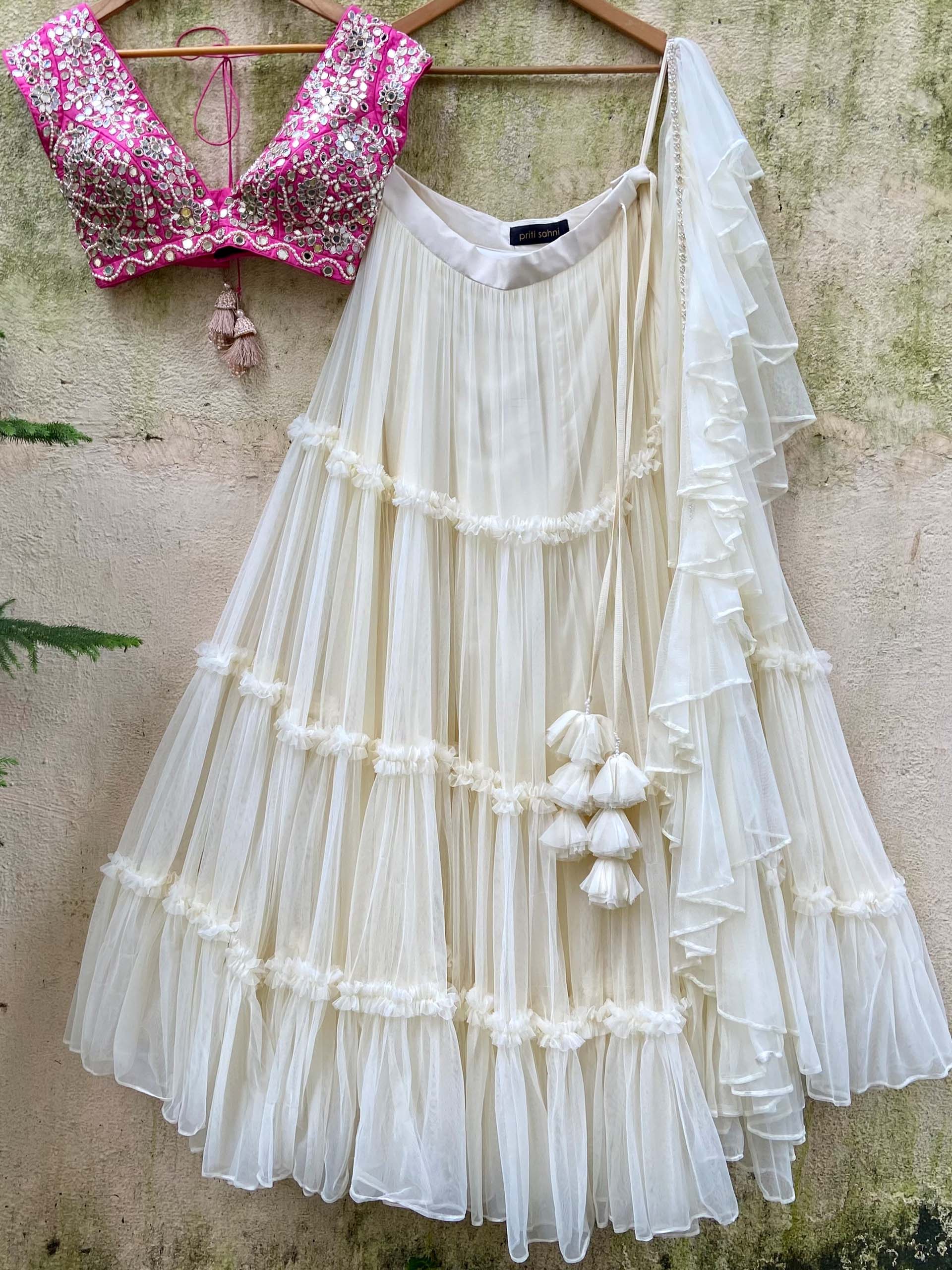 Ivory and Fuchsia Mirror Ruffle Lehenga Set - S image