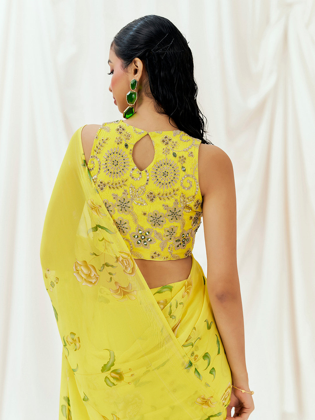 Bright Yellow Printed Embroidered Drape Saree Set image 6