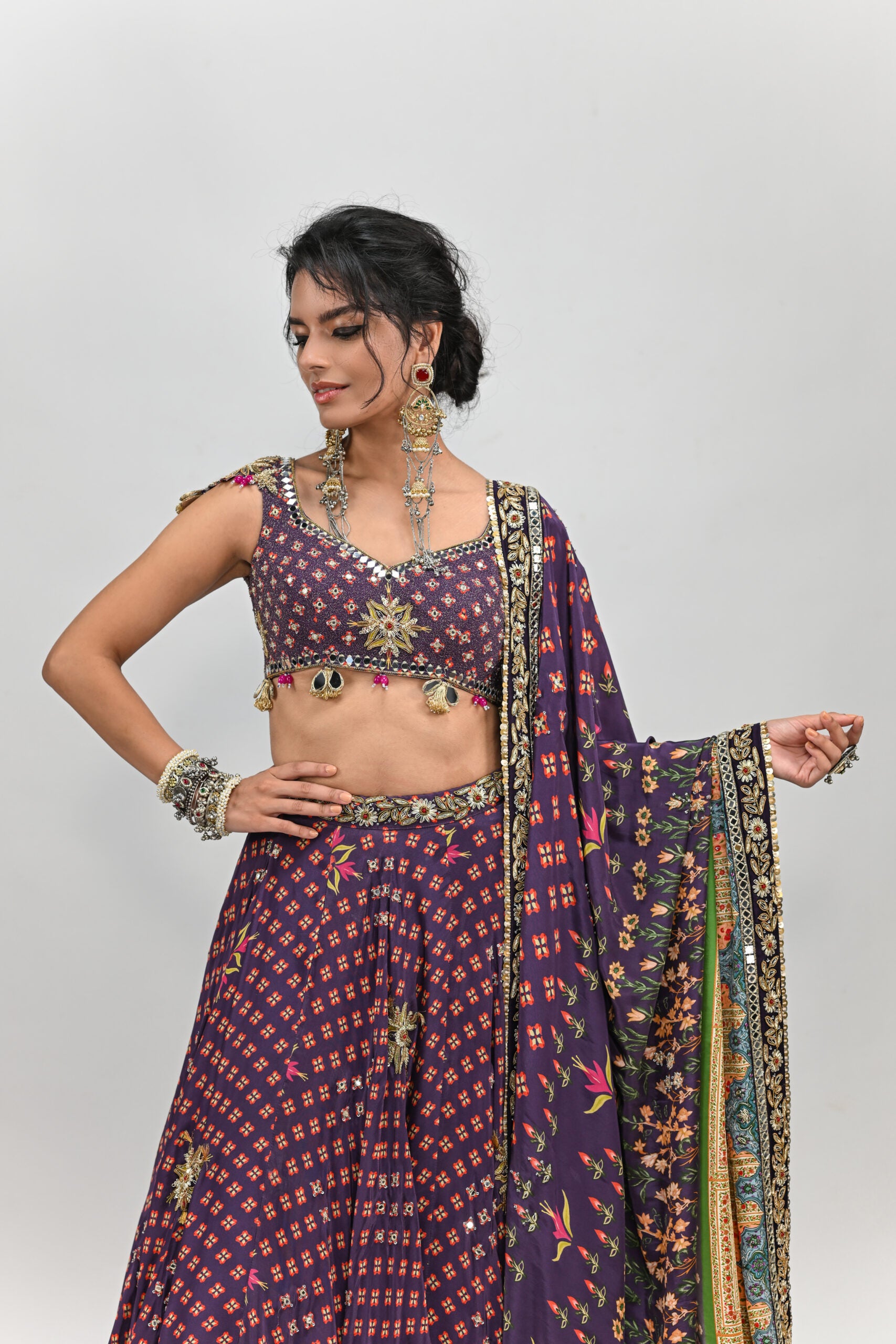 Plum Highlighted Lehenga Paired with Plum Badla Blouse and Highlighted Dupatta image 4