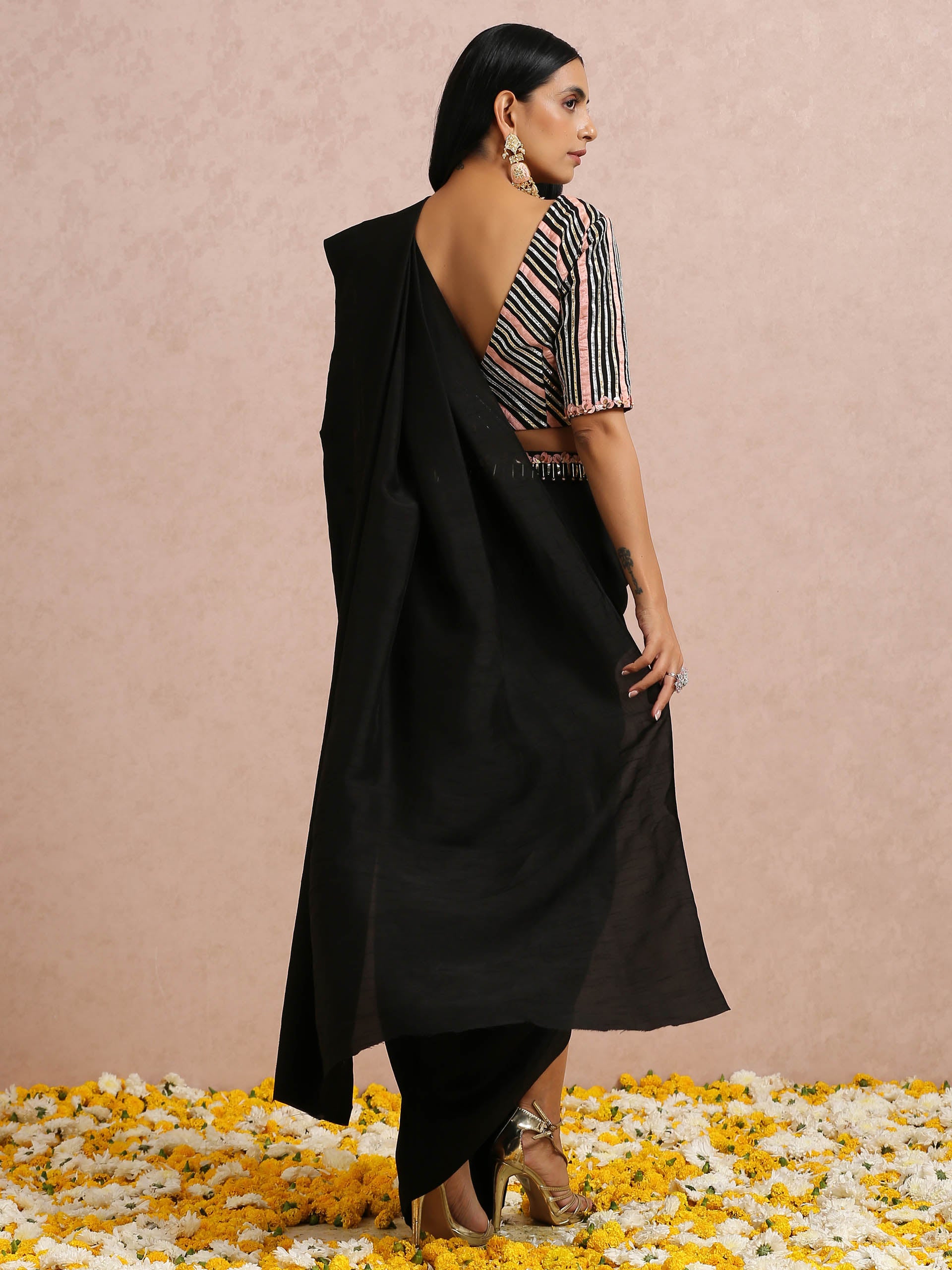 Black and Peach Pre Draped Saree Set image 6