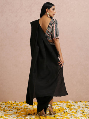 Black and Peach Pre Draped Saree Set image 6