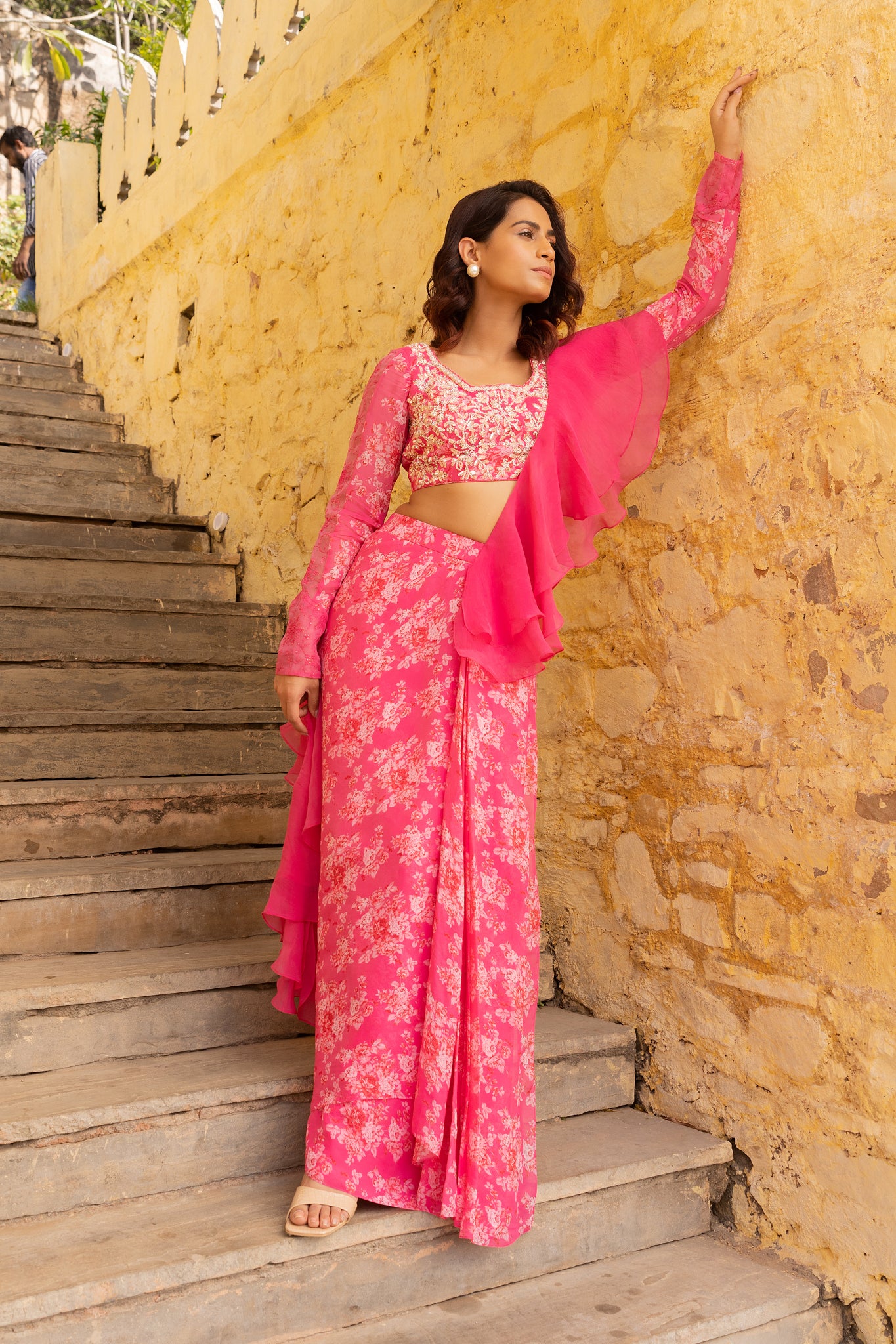 Pink Floral Embroidered Georgette Saree image 0