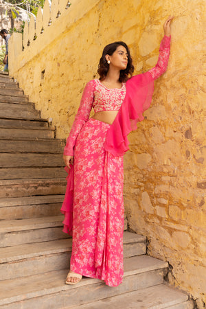 Pink Floral Embroidered Georgette Saree image 0