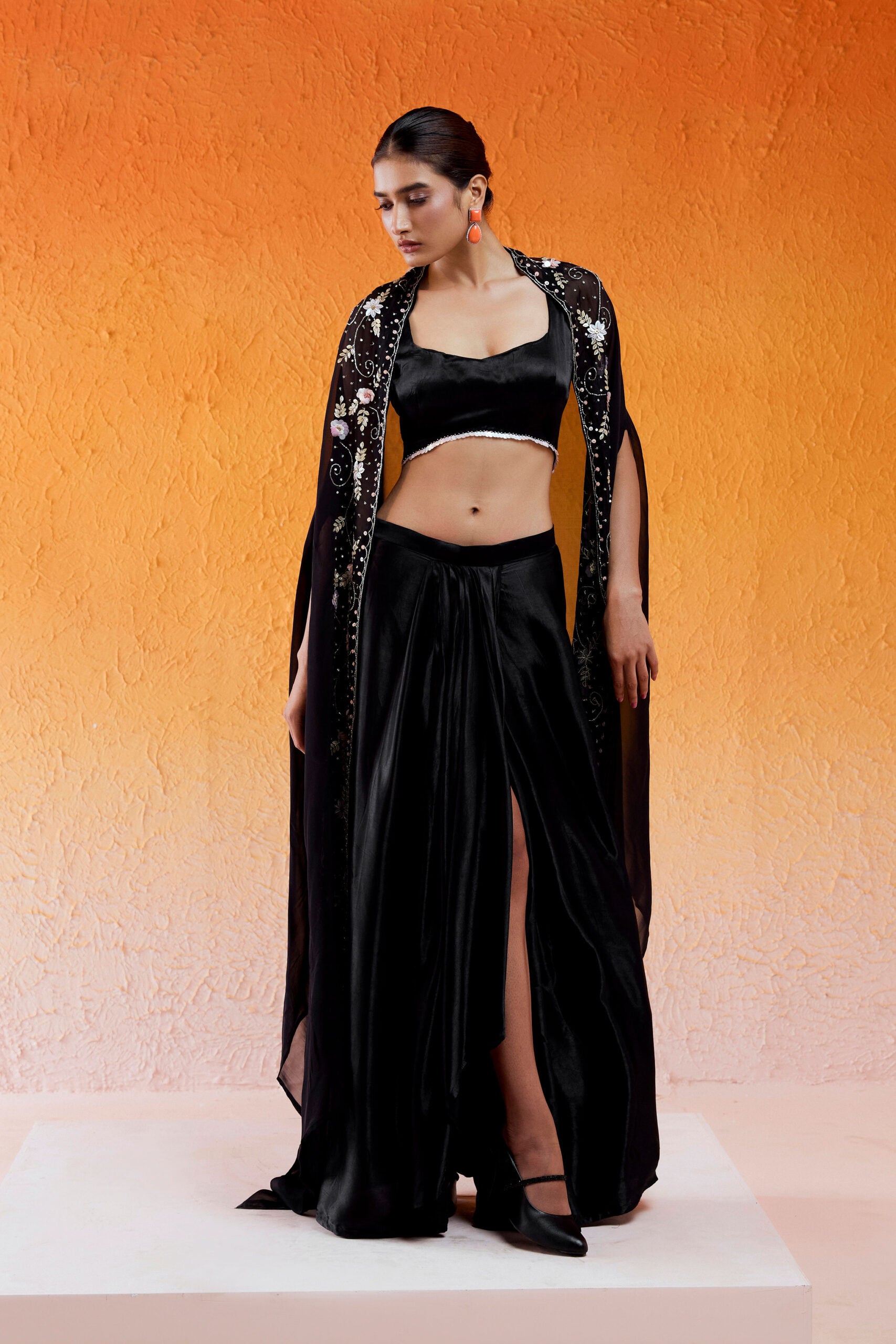 Black Embroidered Drape Skirt Set with Cape image 5