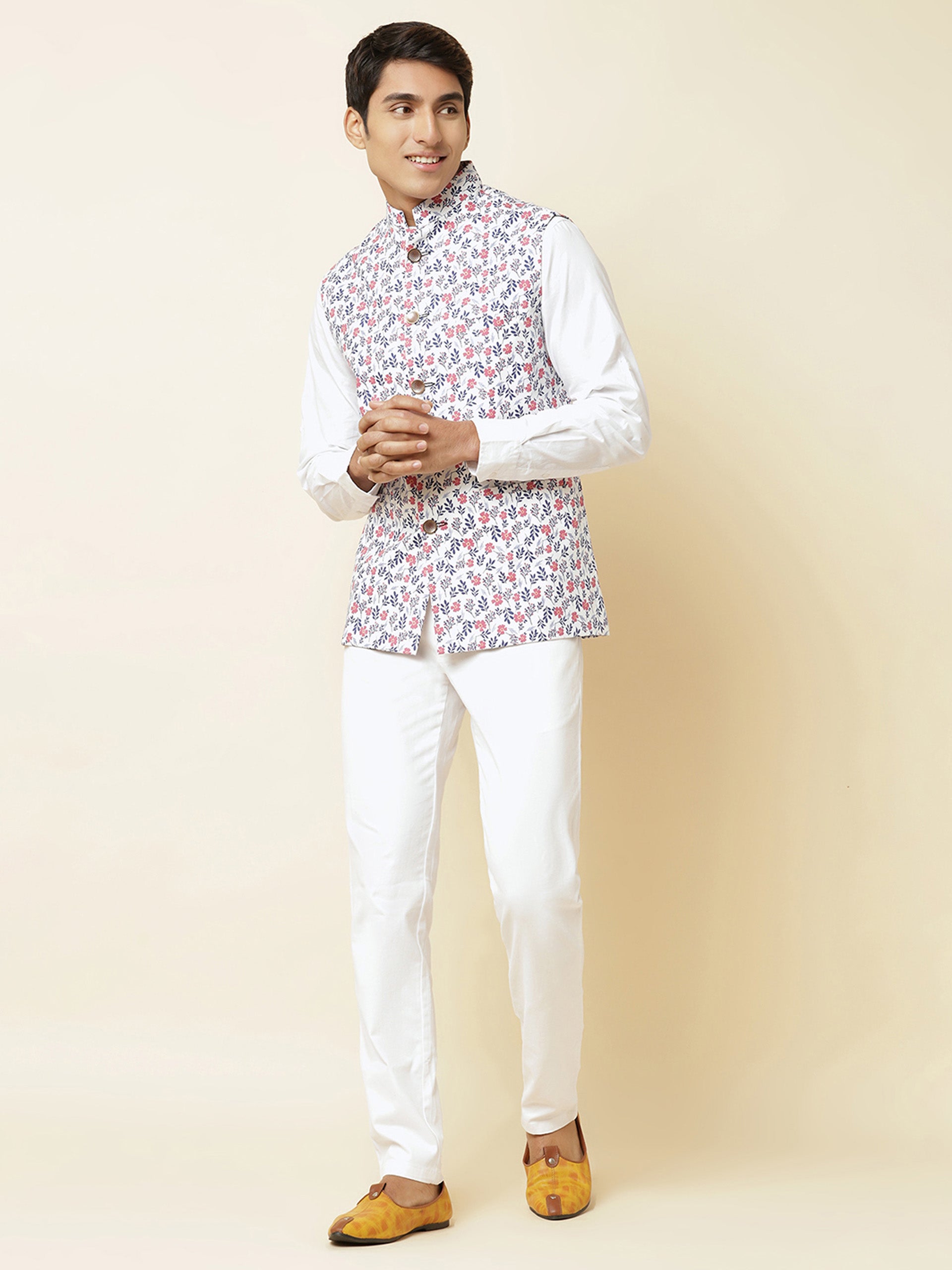 White Floral Print Bundi Jacket image 0