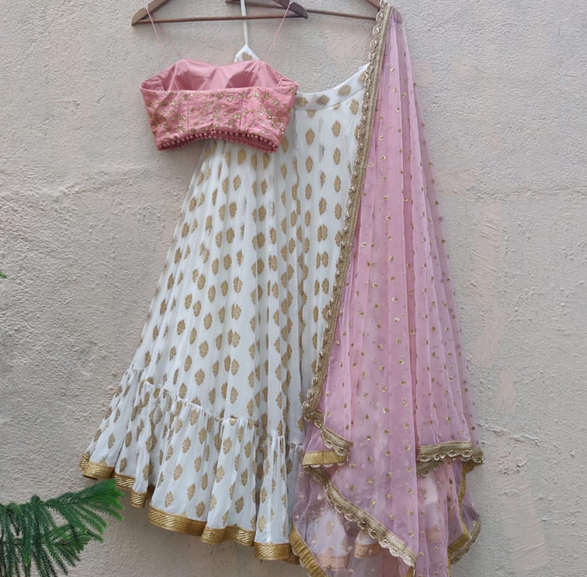 Ivory and Pink Butti Lehenga Set image 1