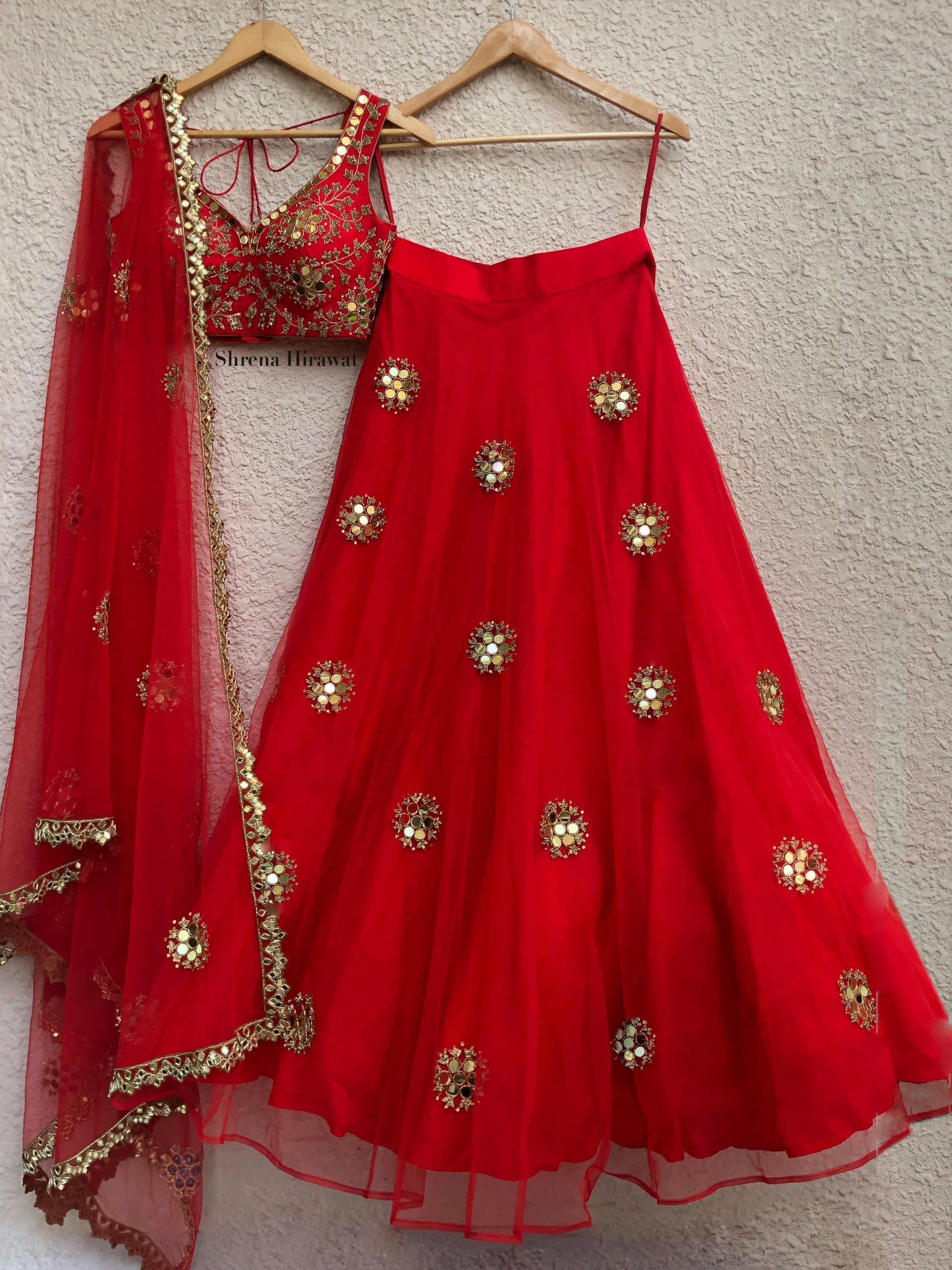 Red Mirror Work Lehenga image 0