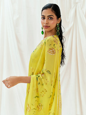 Bright Yellow Printed Embroidered Drape Saree Set image 4