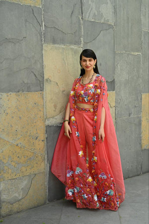 Coral Embroidered Bell Bottom Pant With Crop Top and Cape - S image