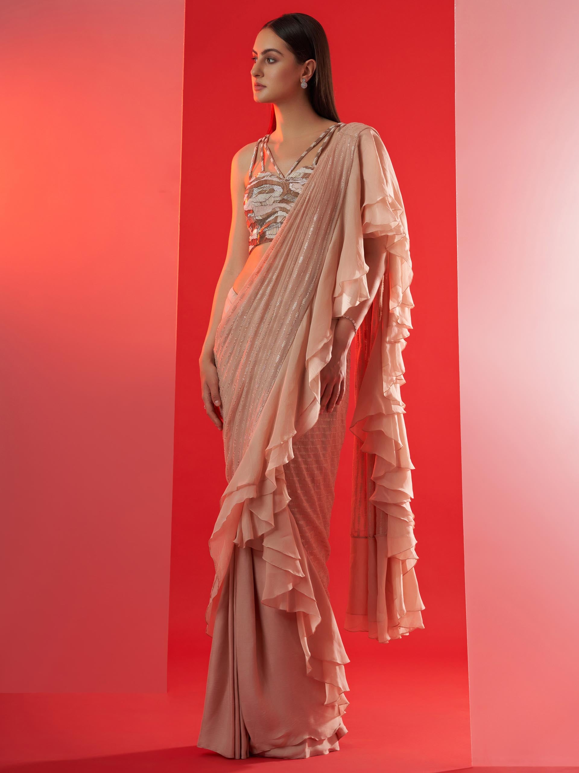 Nude Pre Draped Ruffle Saree Set image 0