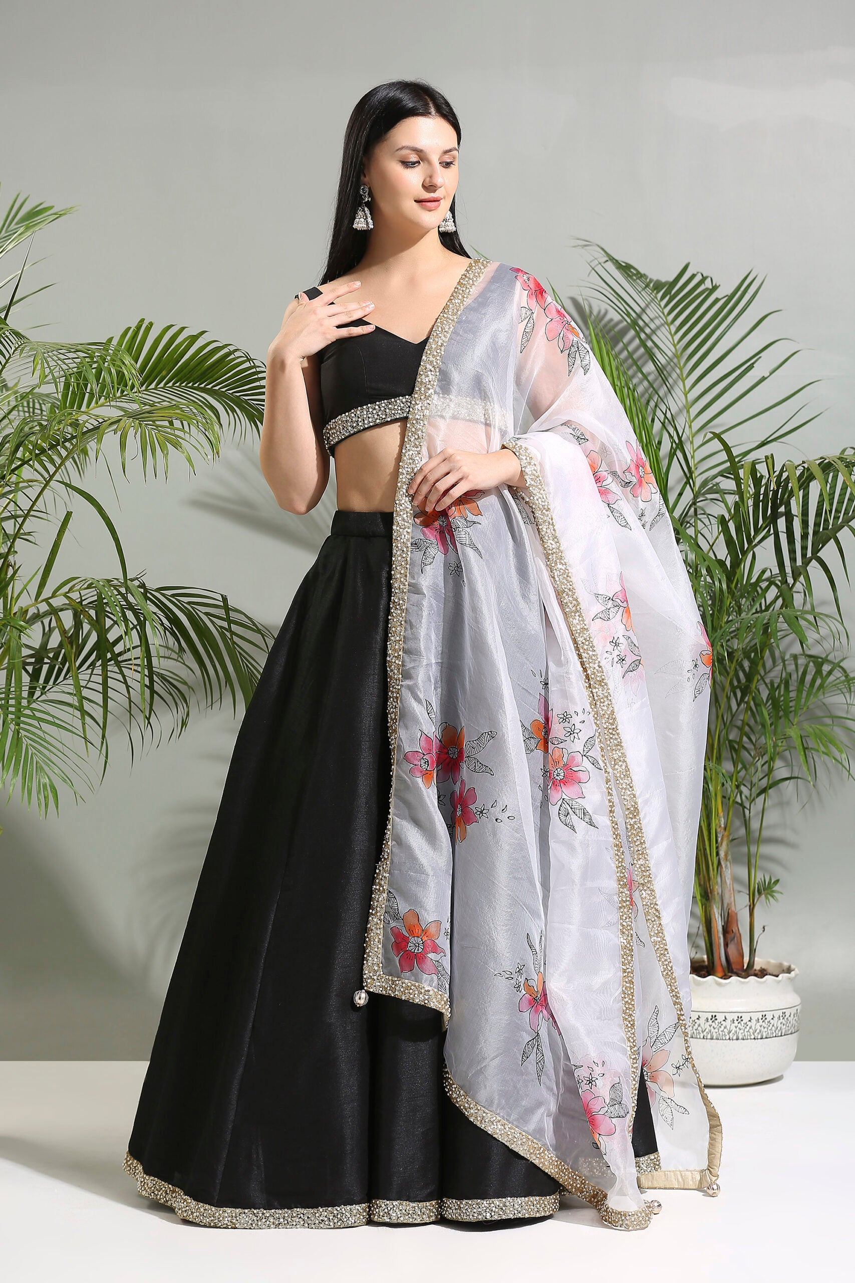 Black Raw Silk Lehenga Set With Hand Painted Dupatta - XL image