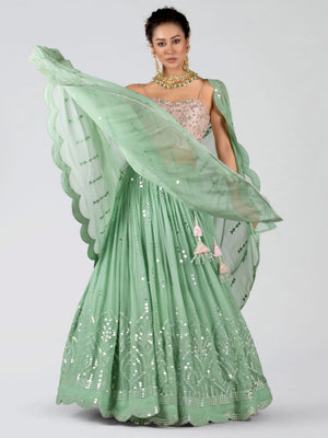 Light Pink and Green Shimmer Lehenga Set image 4