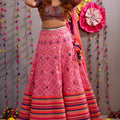 Pink Woven Phoolkari Lehenga with Indigo Blue Sequins Choli Set image 0
