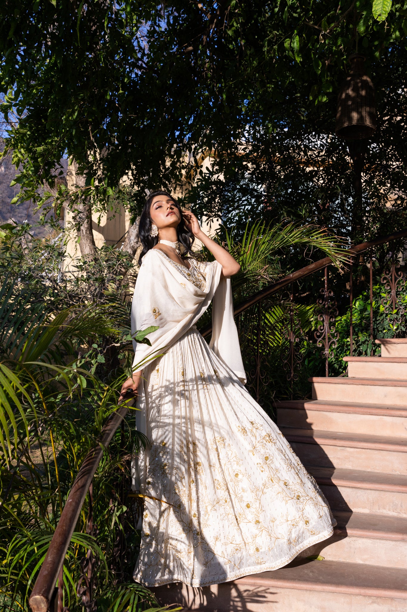 Off-White Georgette Crepe Pearl Embroidered Lehenga Set image 1
