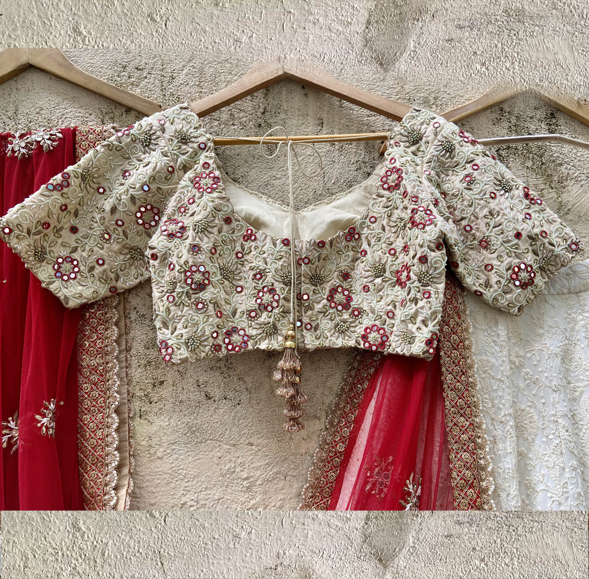 Ivory and Red Bridal Lehenga Set image 3