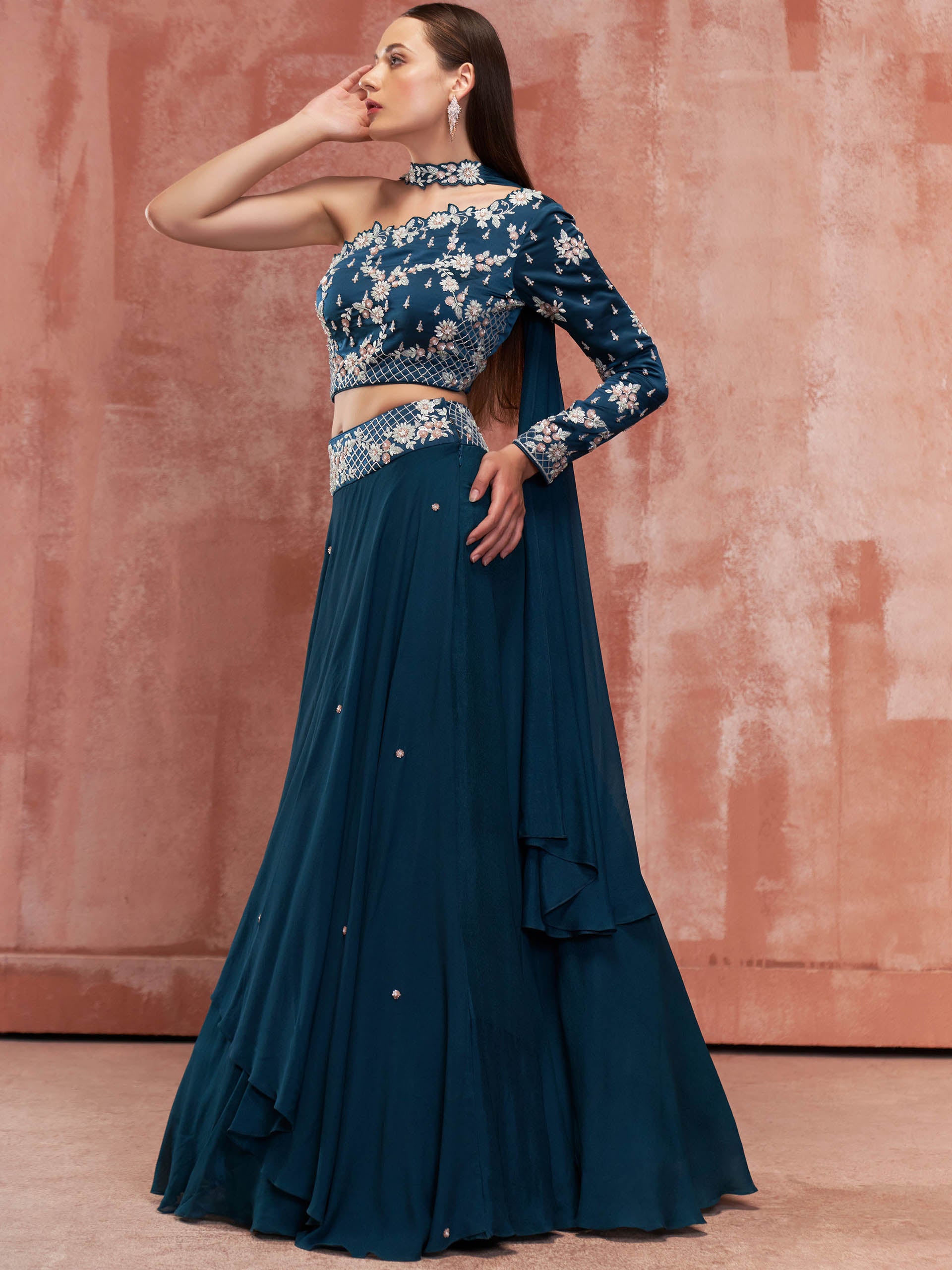Teal Blue One Shoulder Lehenga Set image 2