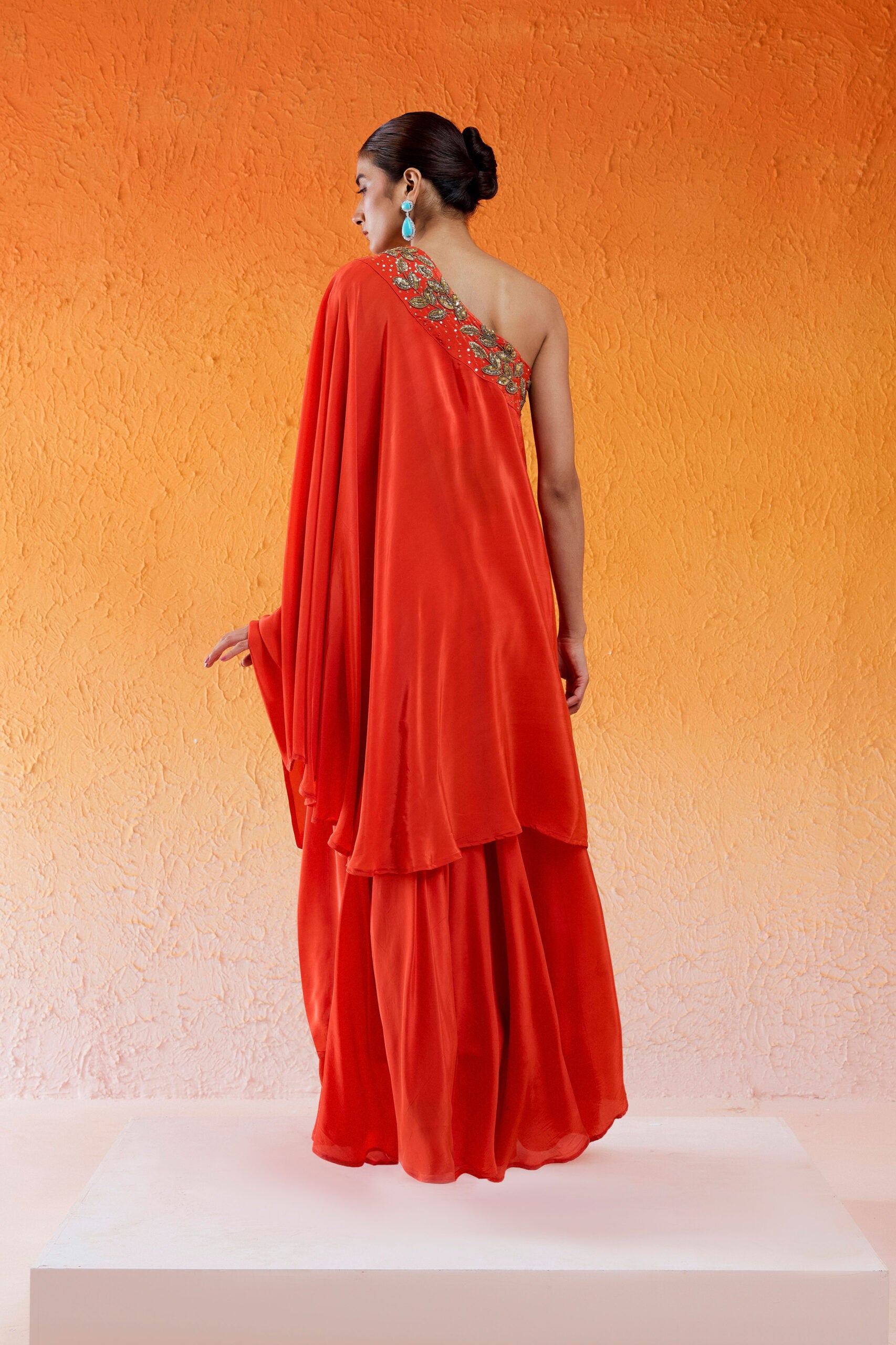 Scarlet Red One Shoulder Embroidered Dress with Flared Palazzos image 6