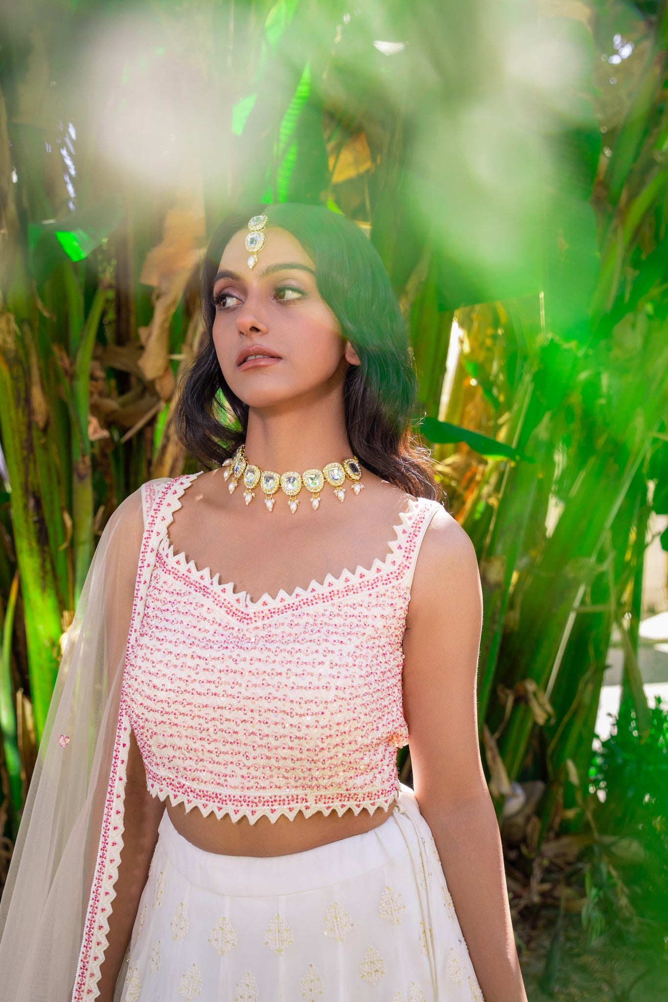 White &amp; Pink Georgette Thread Embroidered Lehenga Set - M image