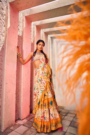 Drape-style Saree With Ruffle Details In Multi-Colour Floral Print - M image