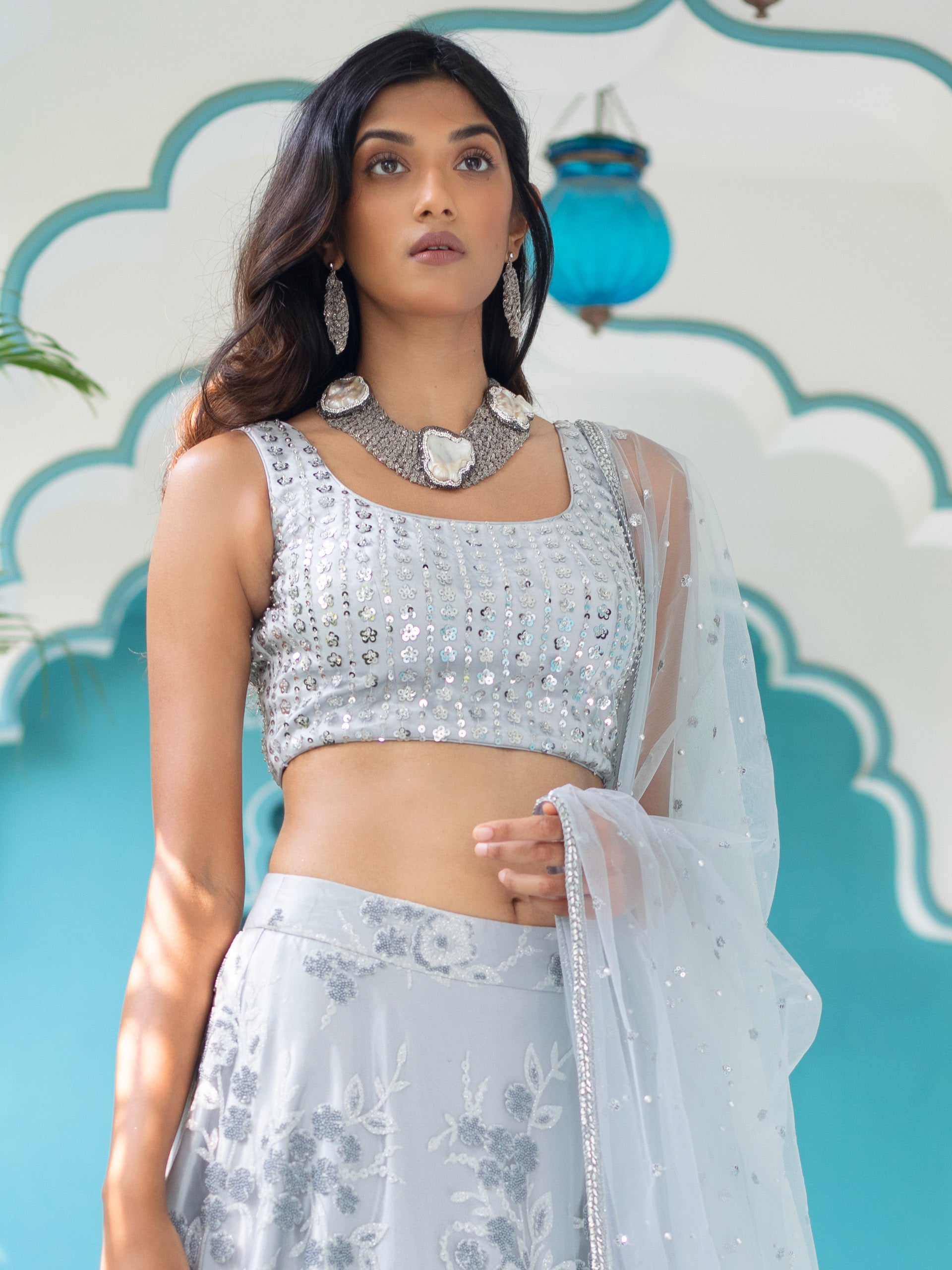 Grey Floral Bead Sequins Lehenga Set image 3
