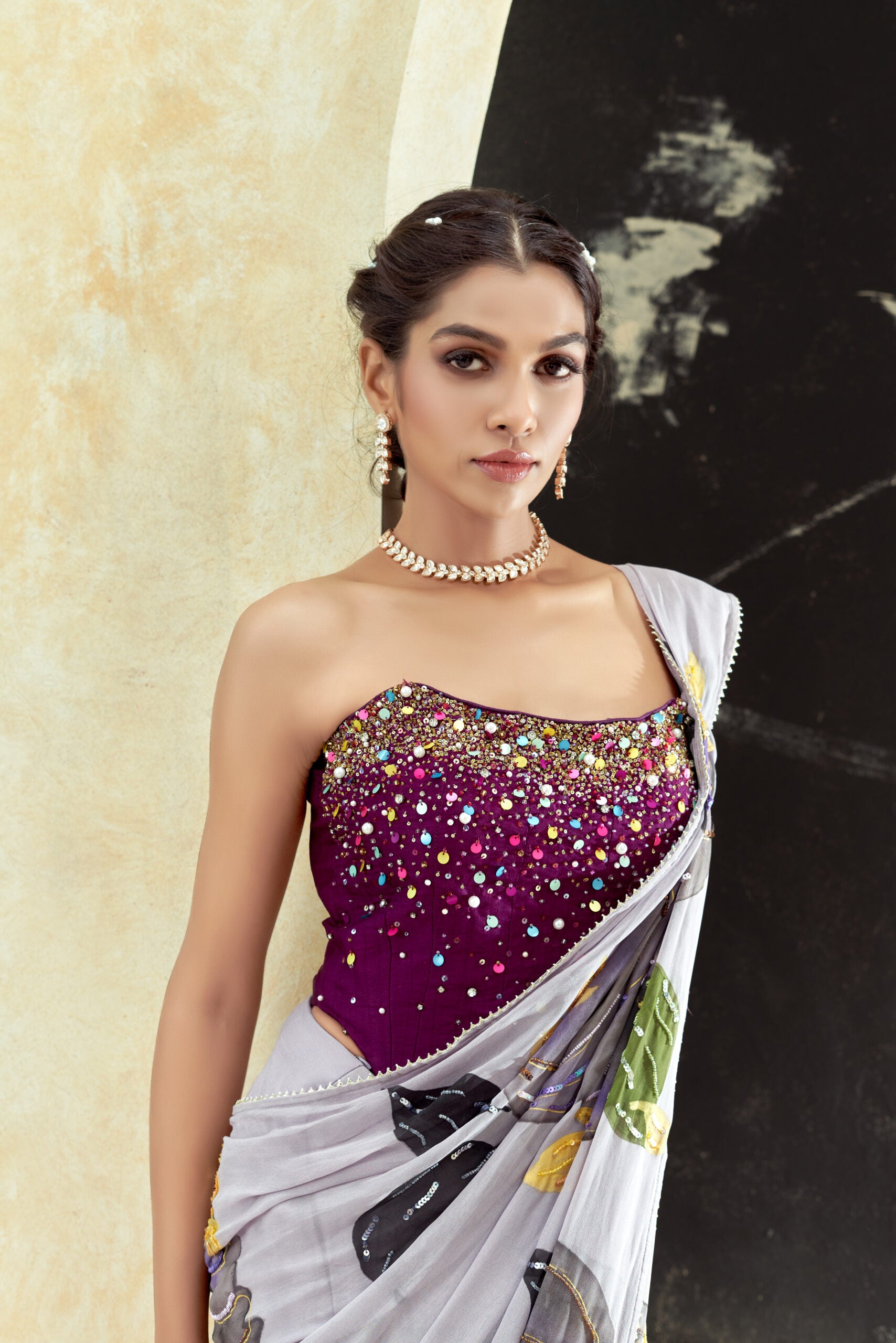 Periwinkle hand painted saree and corset set image 3