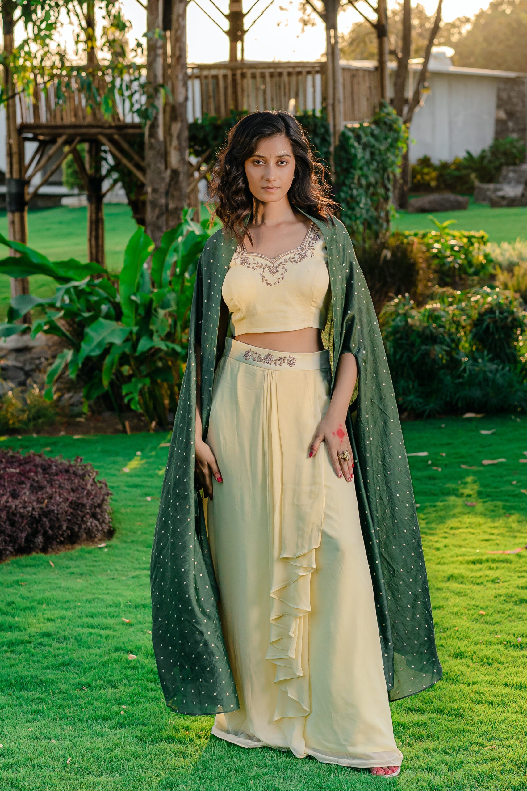Forest Green Embroidered Drape Skirt Set - Custom image