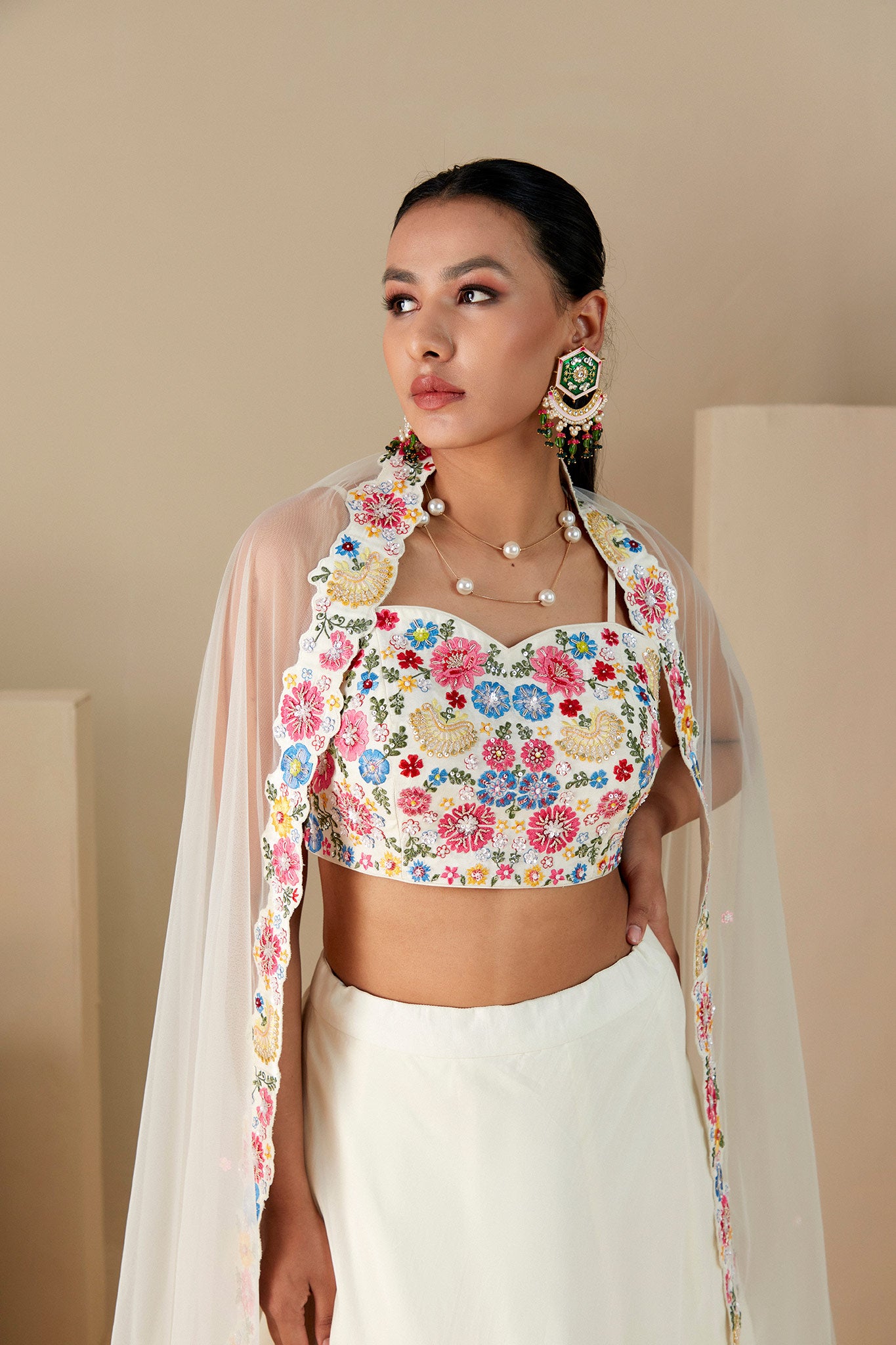 Off White Georgette Crepe and Organza Lehenga Set image 3