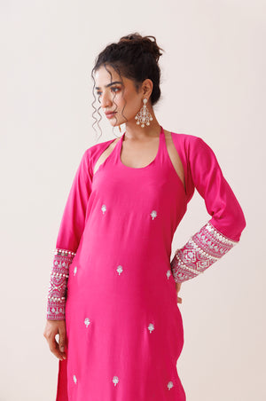 Hot Pink Chanderi Halter Neck Kurta Set image 2