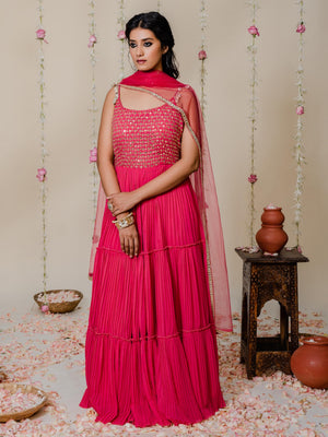 Fuchsia Pink Mirror Anarkali Se - M image