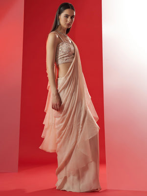 Nude Pre Draped Floral Ruffle Saree Set image 2