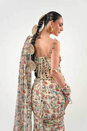 Highlighted Pre Stitched Peacock Saree Paired with Printed Highlighted Peacock Blouse image 2