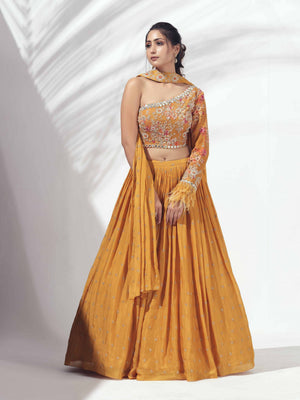 Mustard Lehenga with One Shoulder Blouse image 0