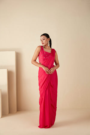 Pink Georgette Crepe Tassel Saree - L image
