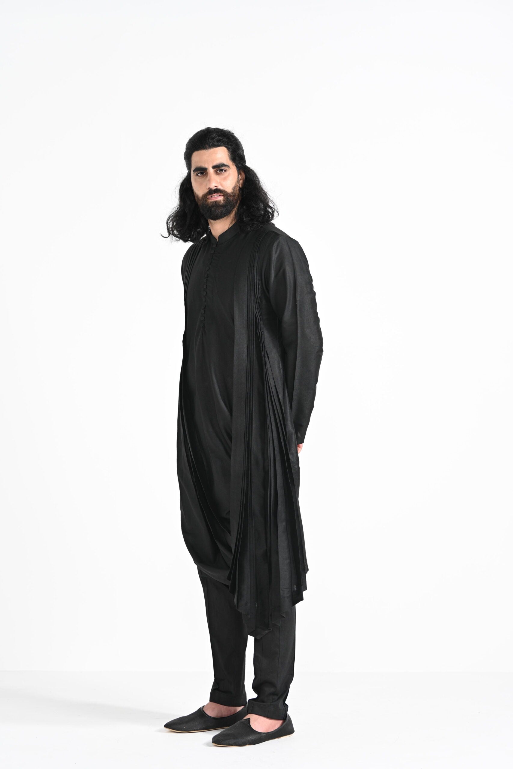 Rajasthani Trotting Animals Nehru With Cowl Hem Drape Kurta Set image 11