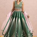 Green Embroidered Stripe Lehenga Set with Sleeveless Blouse image 0