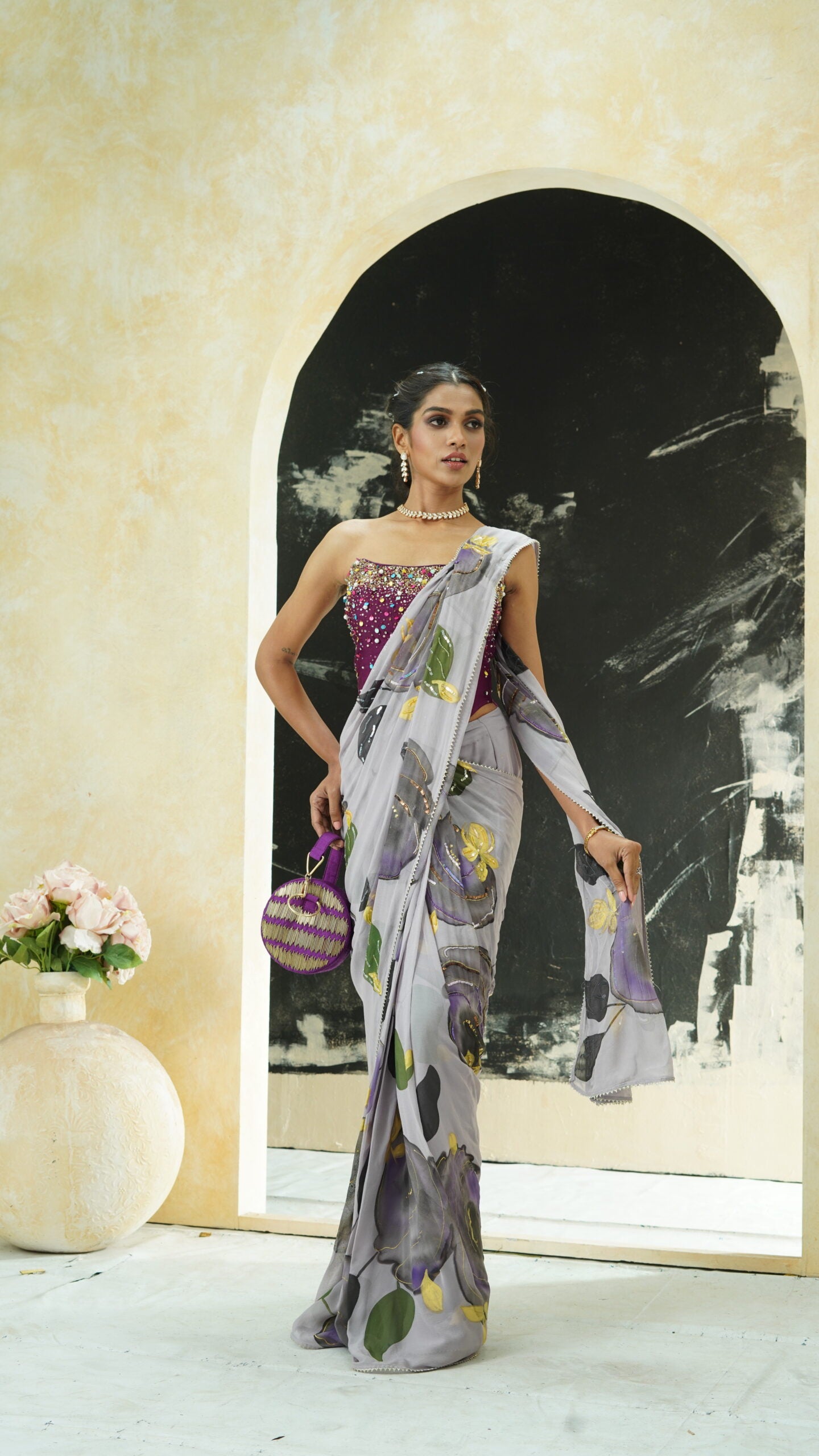 Periwinkle hand painted saree and corset set image 4