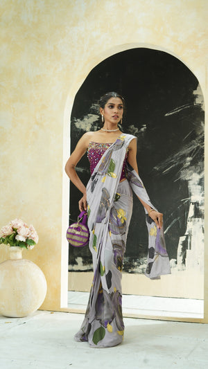 Periwinkle hand painted saree and corset set image 4