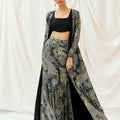 Black Printed Embroidered Long Jacket Sharara Set image 0