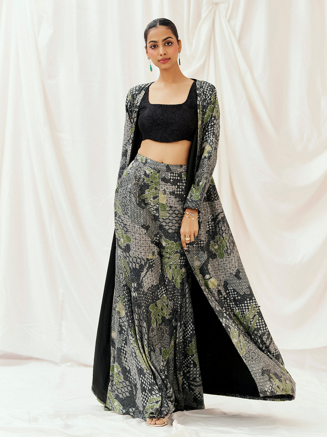 Black Printed Embroidered Long Jacket Sharara Set image 0