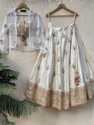 Ivory Raw Silk Lehenga with Jacket image 1