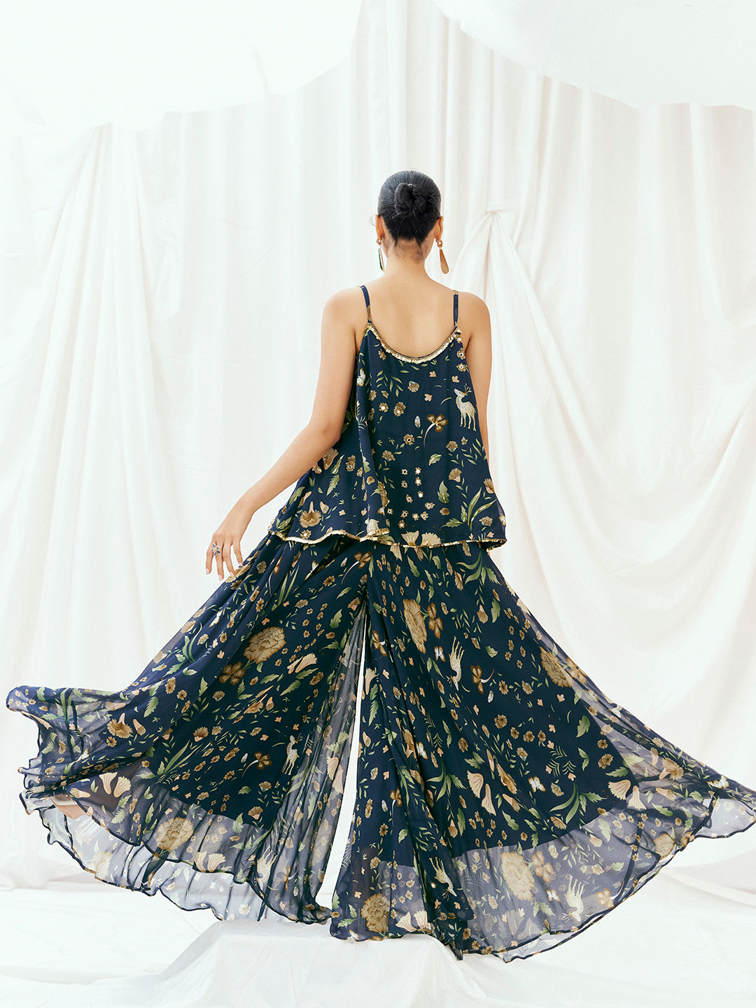 Navy Blue Printed Embroidered Peplum Sharara Set image 1