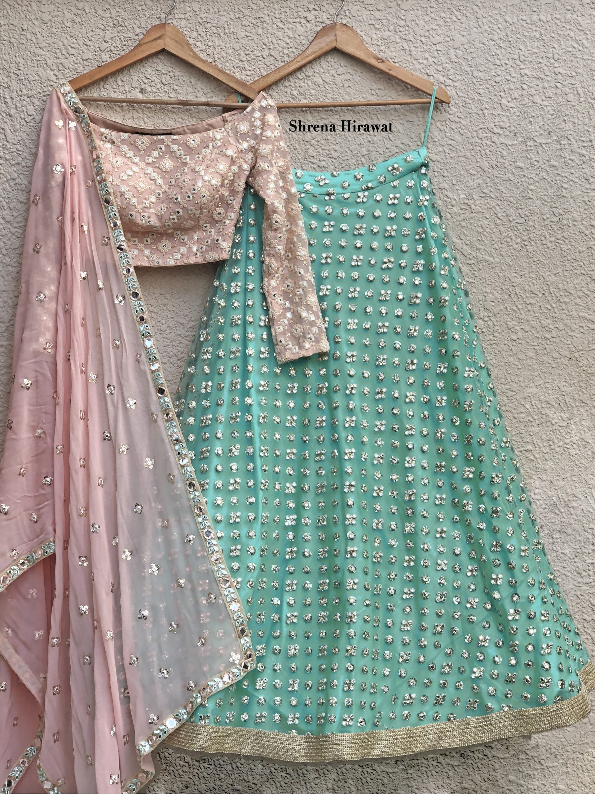 Baby Pink Blouse with Mint Mirror Work Lehenga - Custom image
