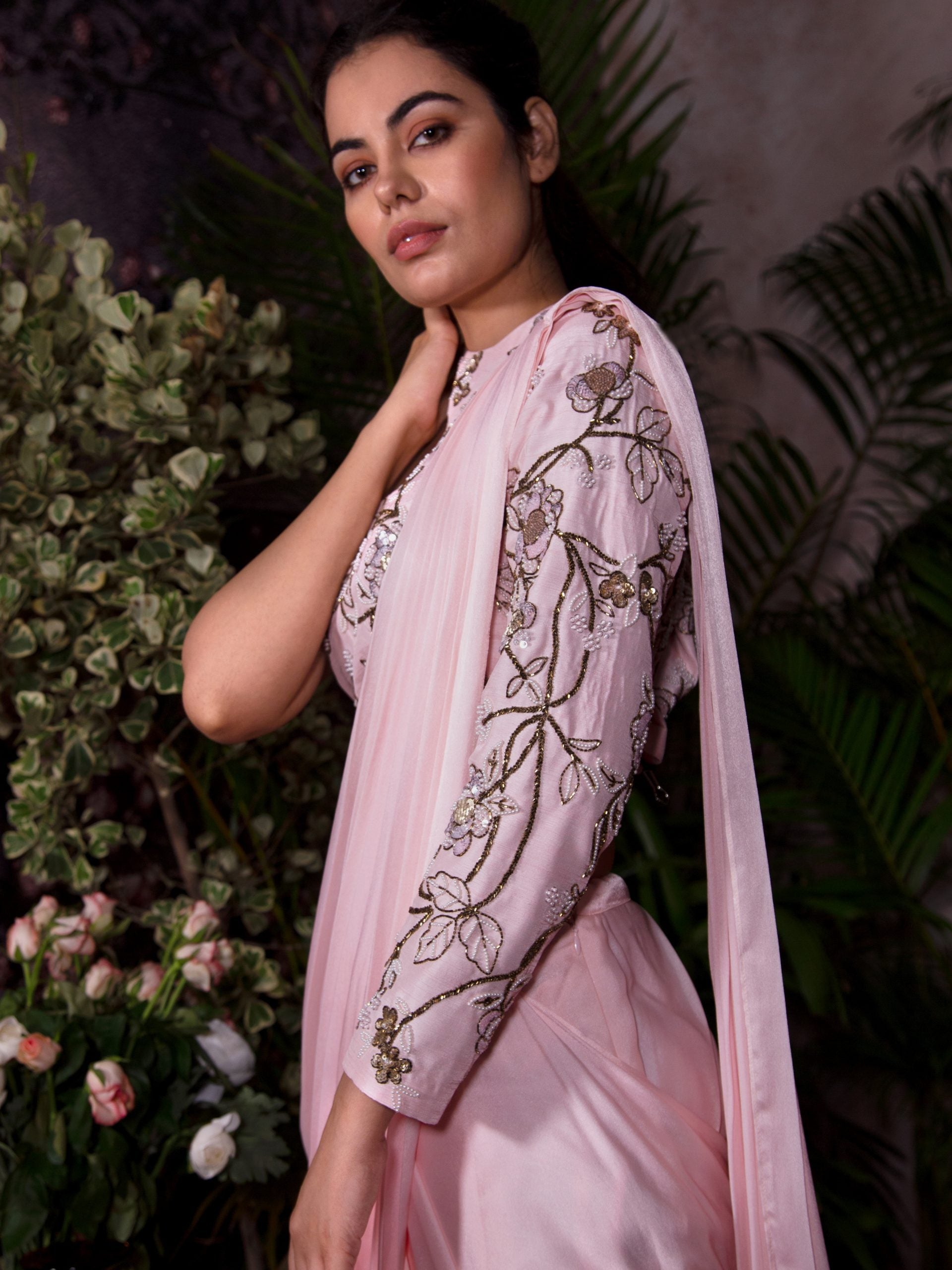 Pre-Draped Pink Saree with In-Cut Shoulder Blouse image 3