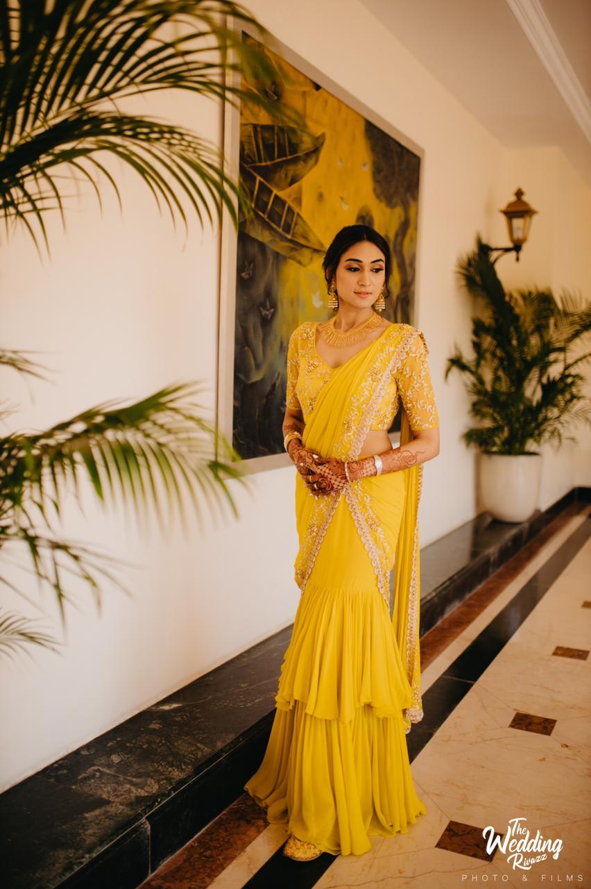 Mustard Ruffled Embroidered Pre-stitched Saree image 4