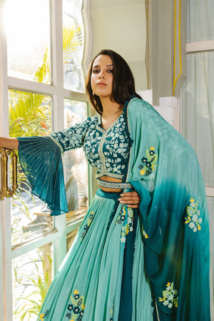 Sea Green Georgette Crepe &amp; Satin Embroidered Lehenga Set image 3