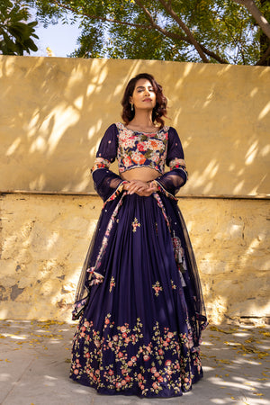 Purple Georgette Floral Lehenga Set - S image