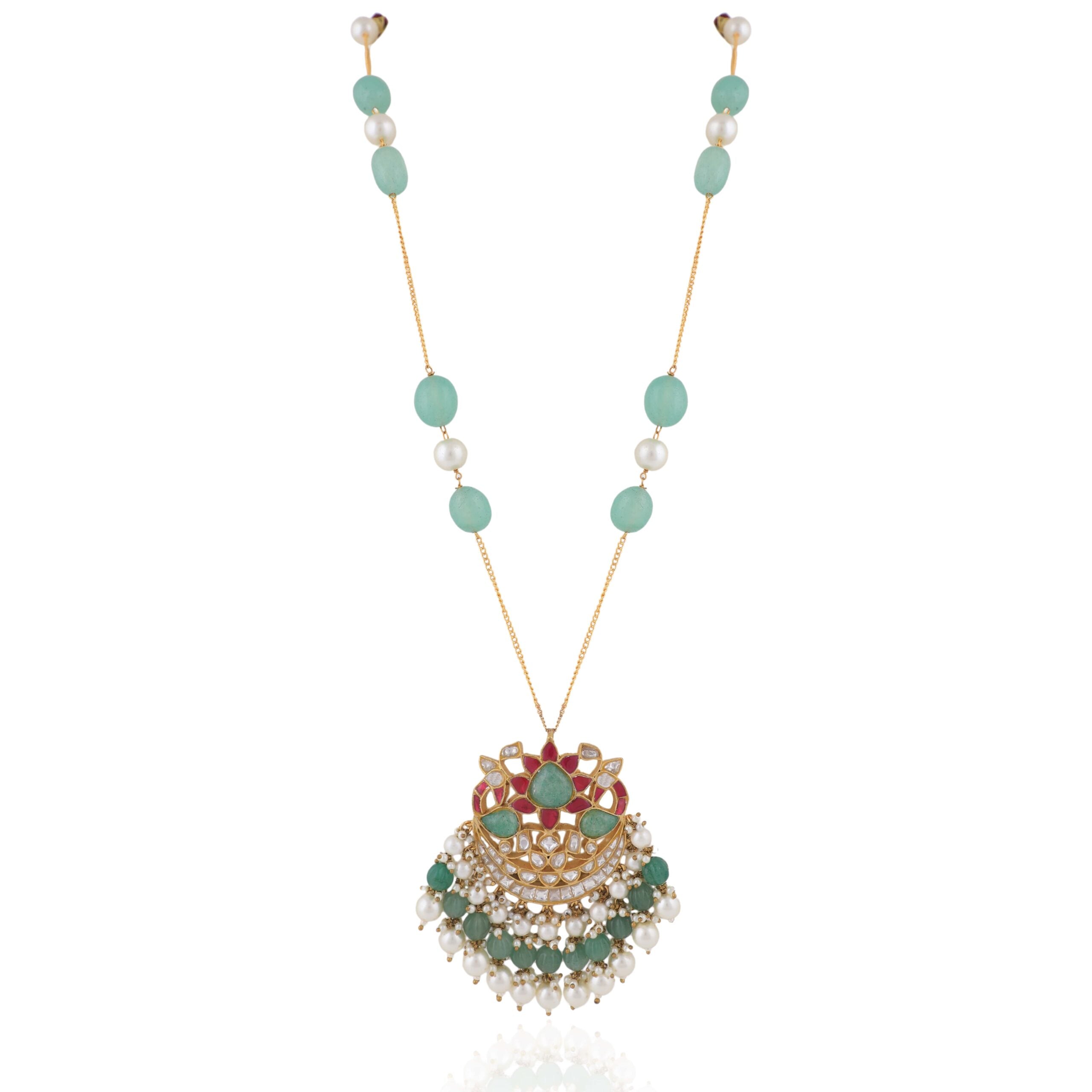 Pink And Sea Green Carved Melon Pendant Necklace Set image 2
