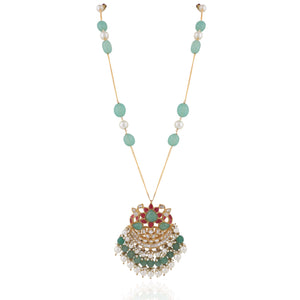 Pink And Sea Green Carved Melon Pendant Necklace Set image 2
