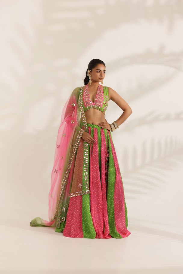 Pink and Green Bandhani Lehenga image 6